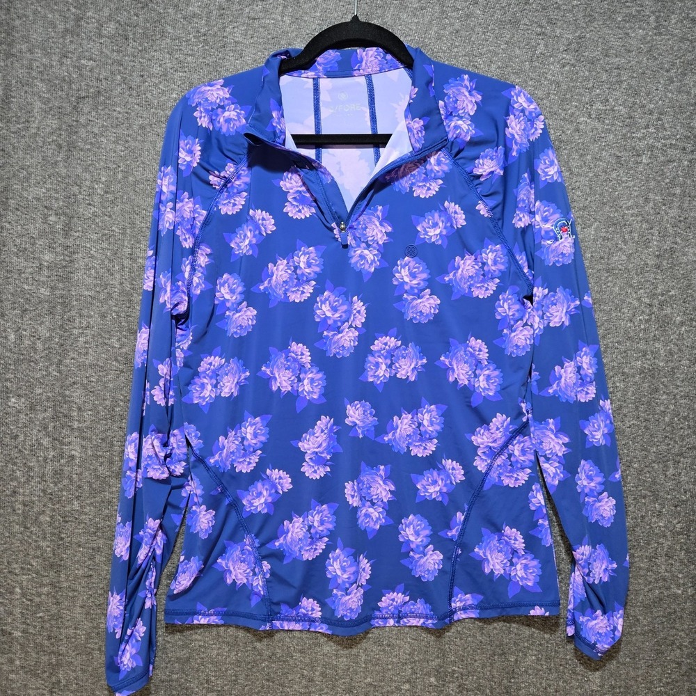 G/FORE Womens Performance Sz L Ruched 1/4 Zip Top Blue Purple Floral Shirt Golf